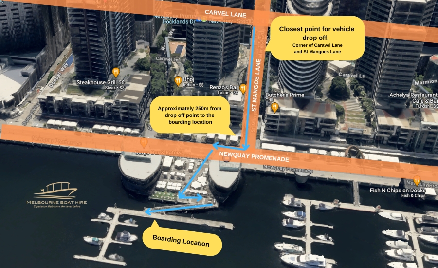 Map showing closest vehicle drop off point for passengers boarding with Melbourne Boat Hire