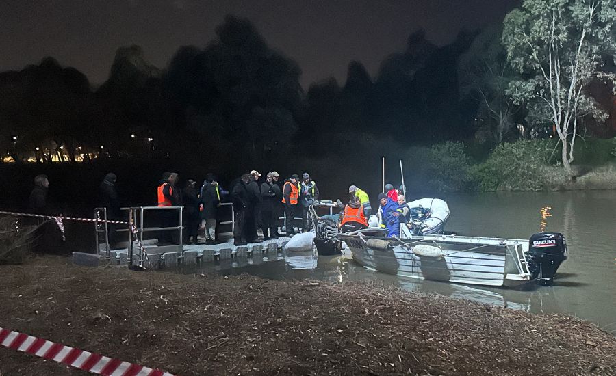 Rescue boat safely berthed alongside modular floating pontoon for cast and crew access during Thrash movie production